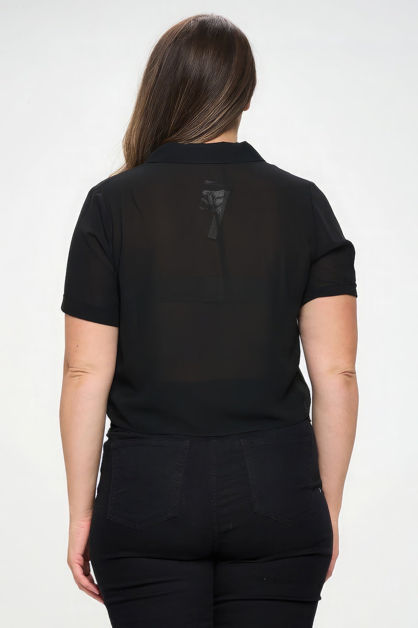 Plus Size Solid Chiffon Button Down Tie Front Short Sleeve Top