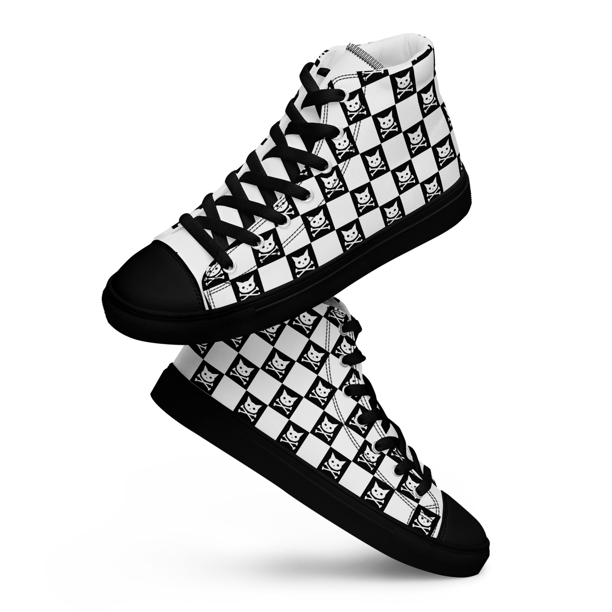 Checkered Skull Kitty Women’s High Top Canvas Sneakers