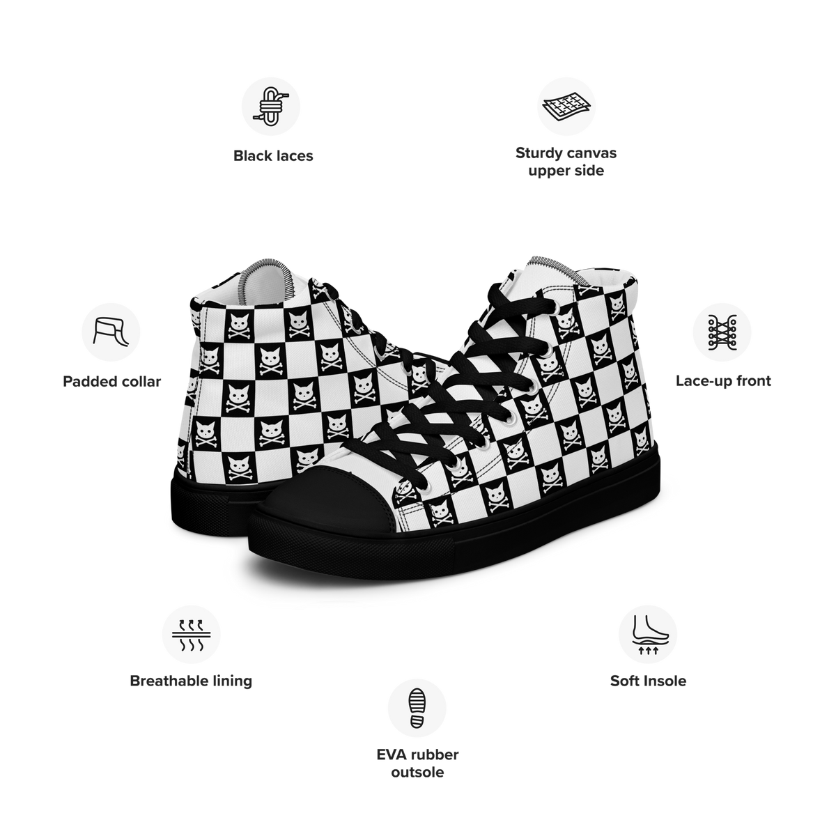 Checkered Skull Kitty Women’s High Top Canvas Sneakers