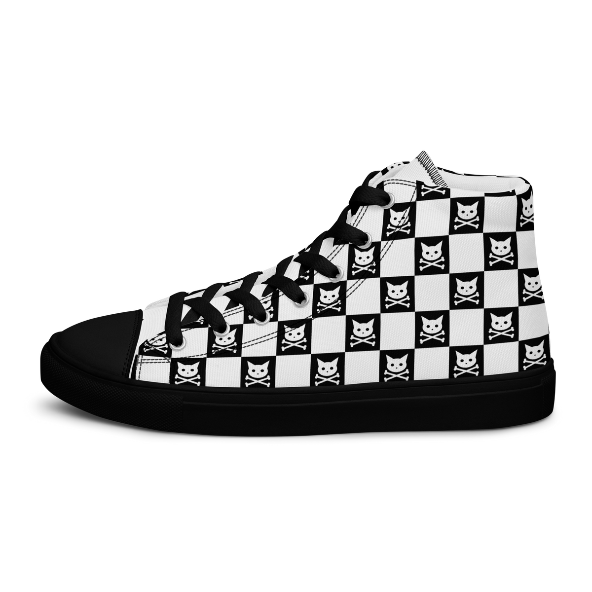 Checkered Skull Kitty Women’s High Top Canvas Sneakers