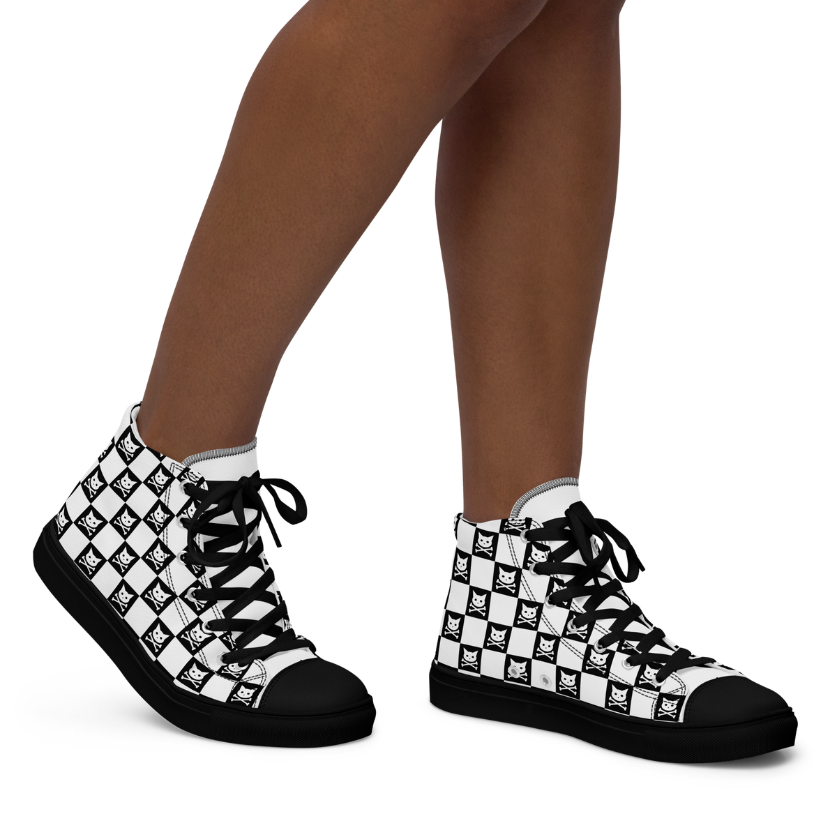 Checkered Skull Kitty Women’s High Top Canvas Sneakers