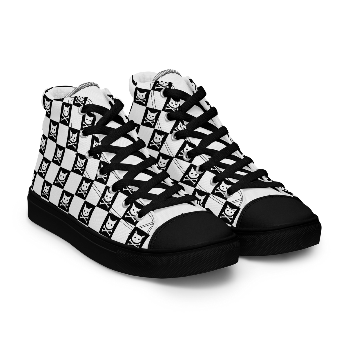 Checkered Skull Kitty Women’s High Top Canvas Sneakers