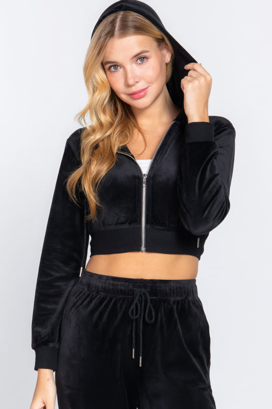Long Sleeve Velour Hoodie Crop Jacket