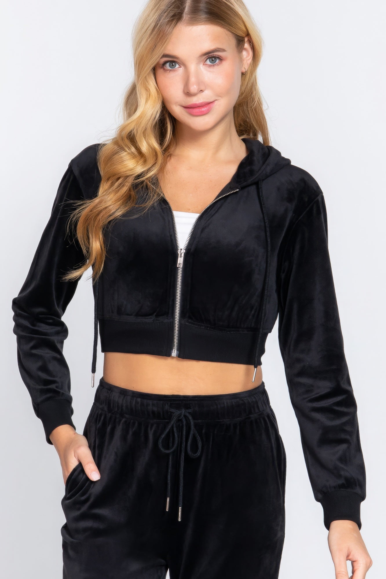 Long Sleeve Velour Hoodie Crop Jacket