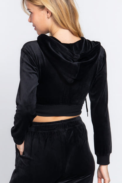 Long Sleeve Velour Hoodie Crop Jacket
