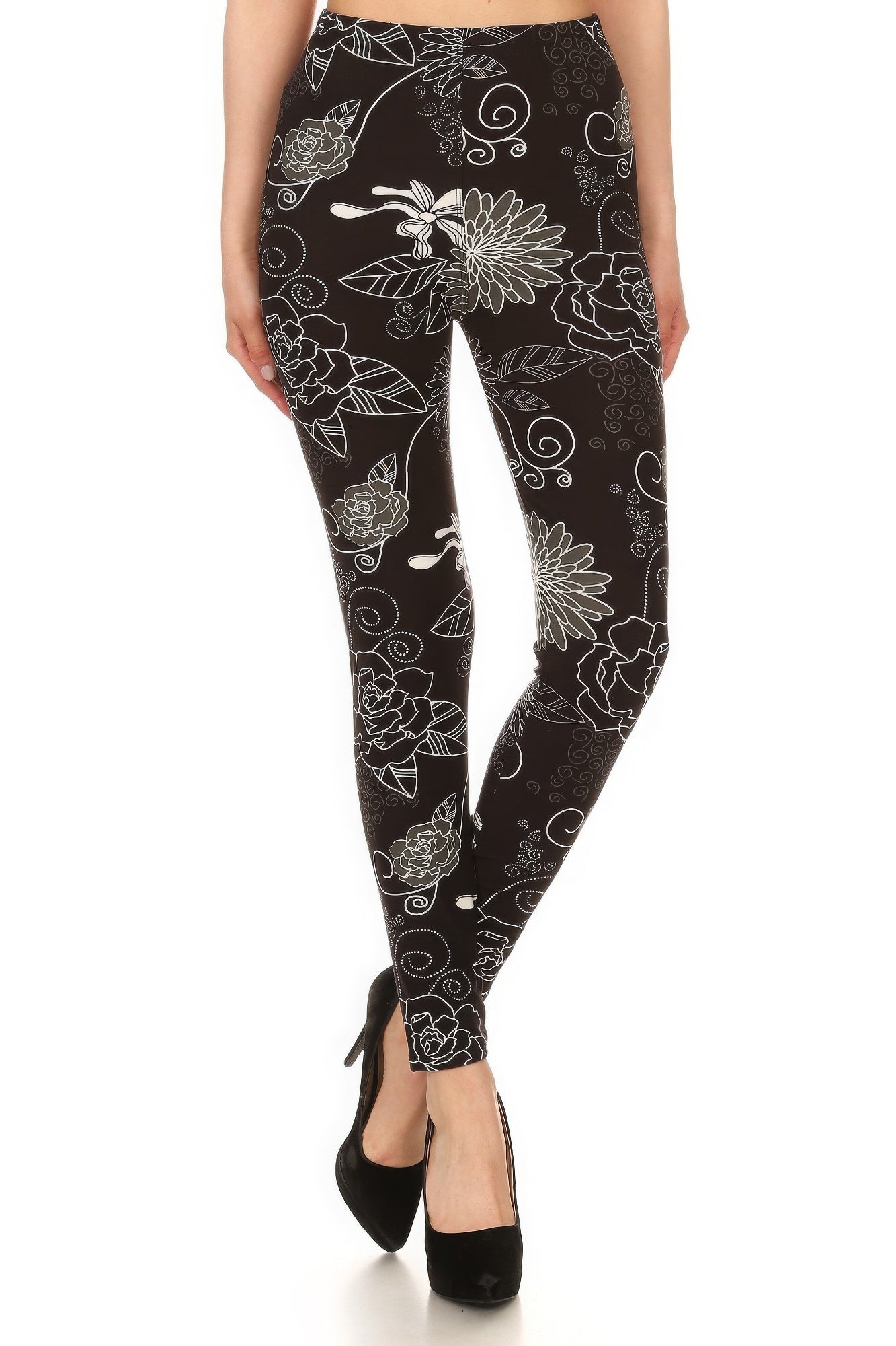Black and Grey Floral Printed Legging with Super Soft Peach Skin Fabric and Elastic High Waist Band