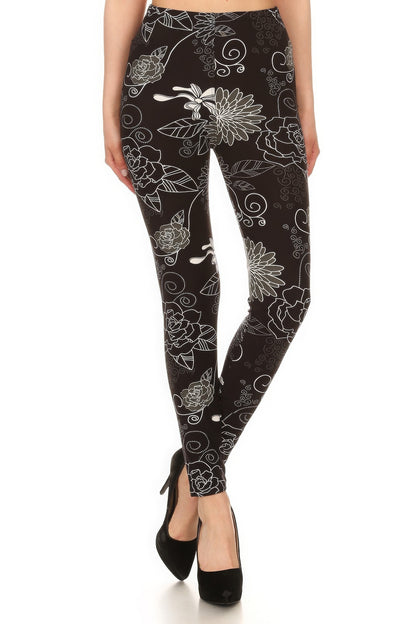 Black and Grey Floral Printed Legging with Super Soft Peach Skin Fabric and Elastic High Waist Band