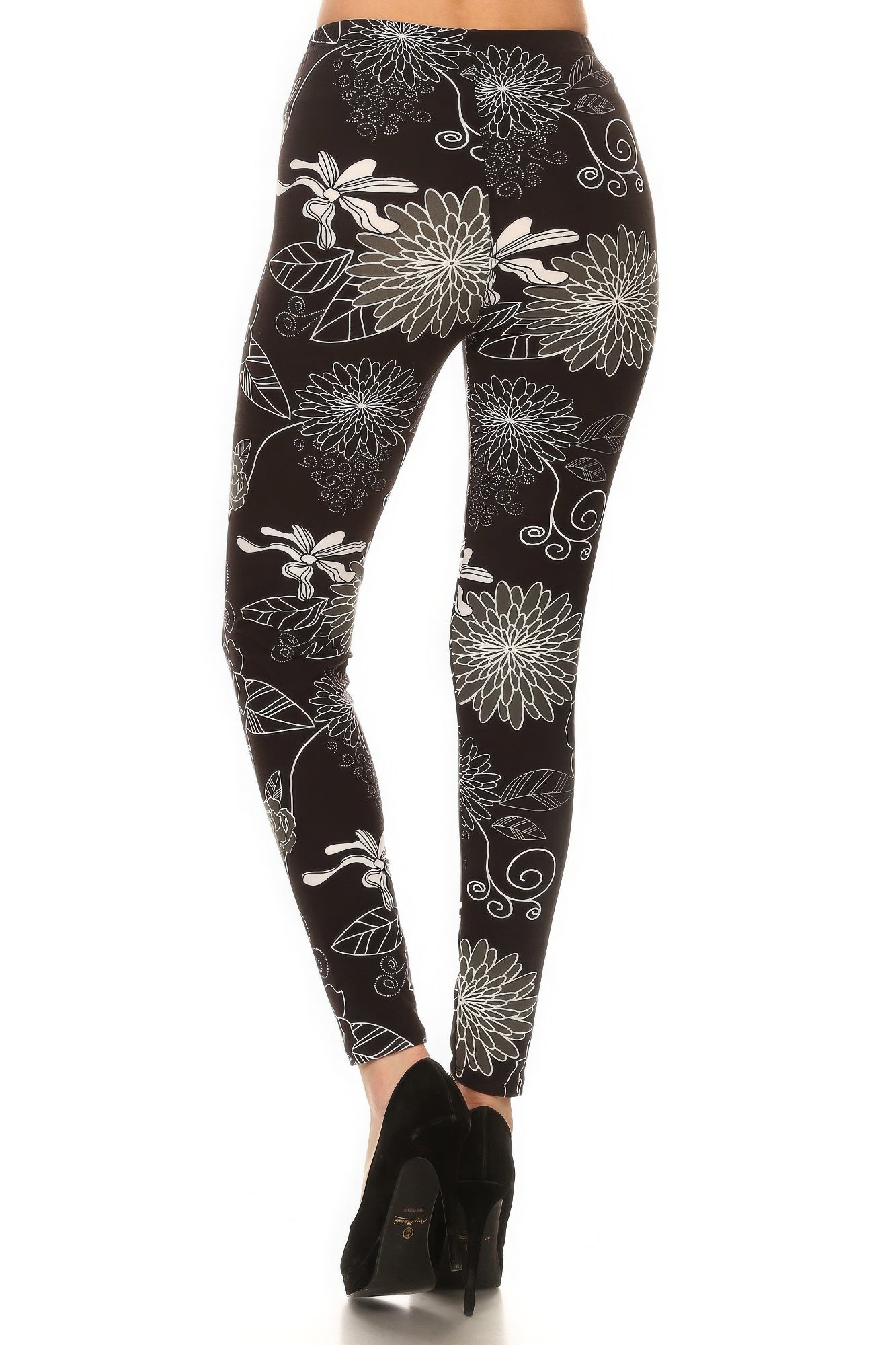 Black and Grey Floral Printed Legging with Super Soft Peach Skin Fabric and Elastic High Waist Band