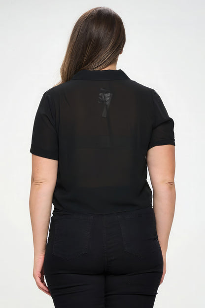 Plus Size Solid Chiffon Button Down Tie Front Short Sleeve Top