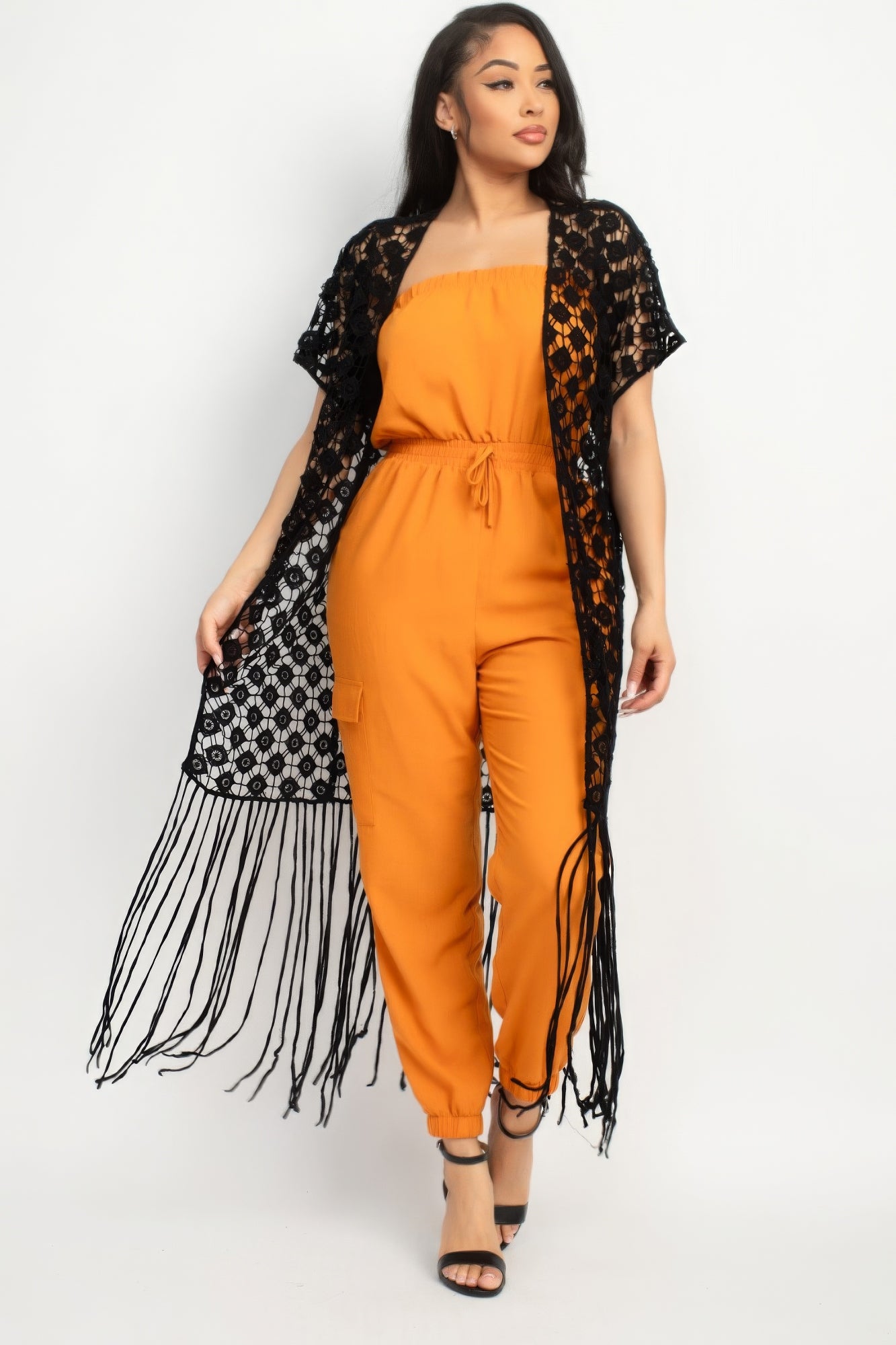 Crocheted Open-Front Fringe Kimono