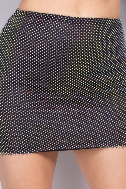 Mid-Rise Rhinestone Fishnet Mini Skirt
