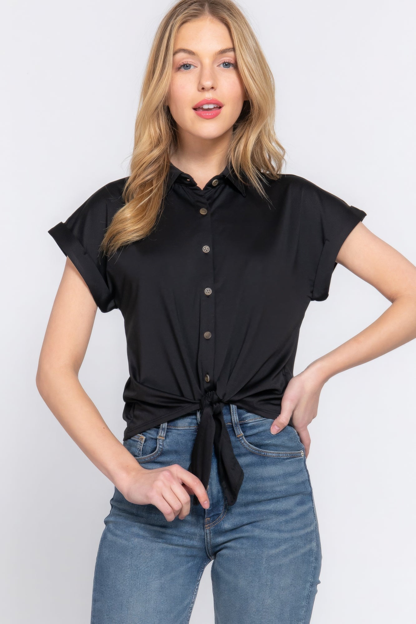 Black Short Sleeve Front Tie Shirt