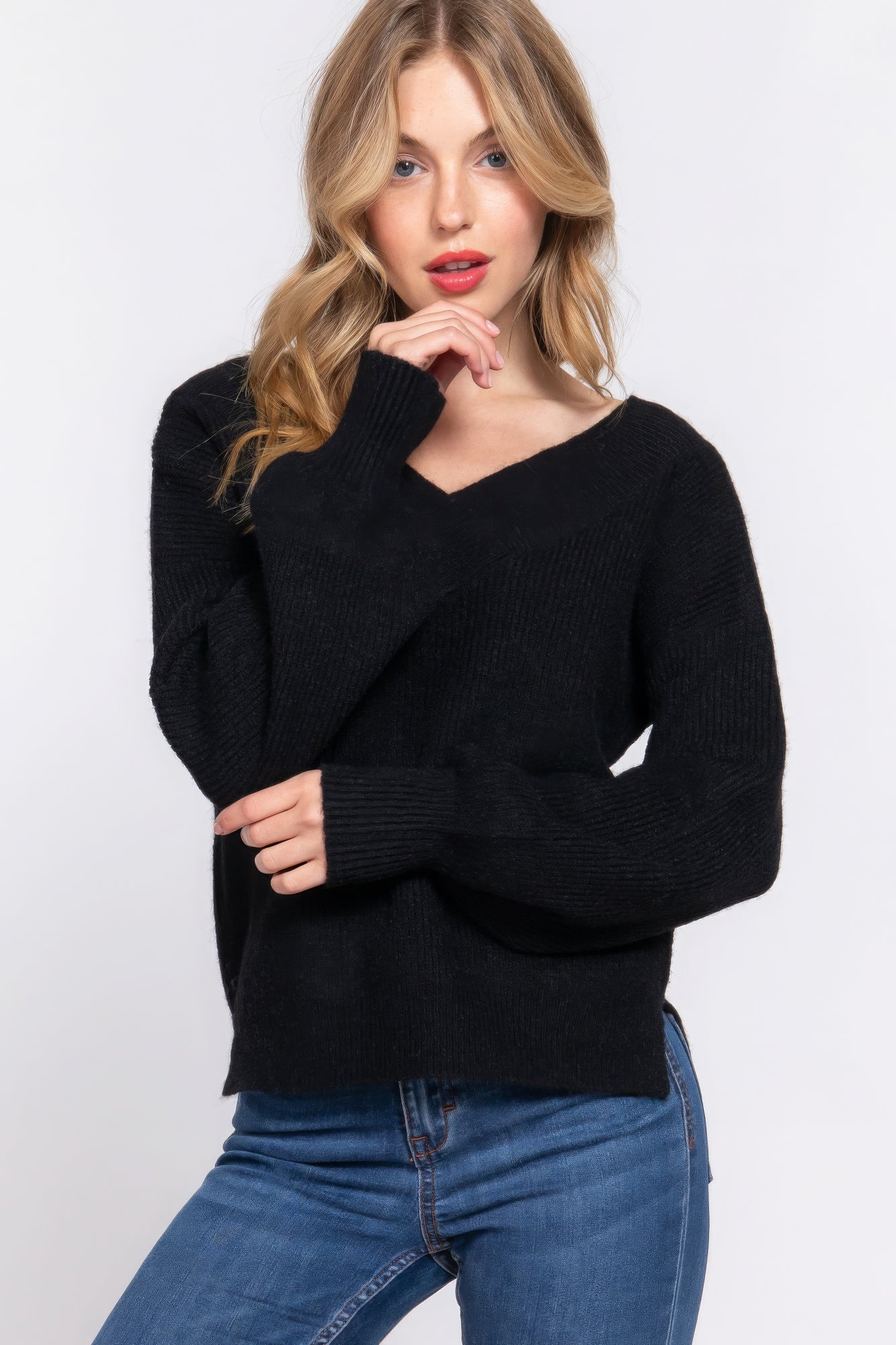 Long Slv Double V-Neck Sweater
