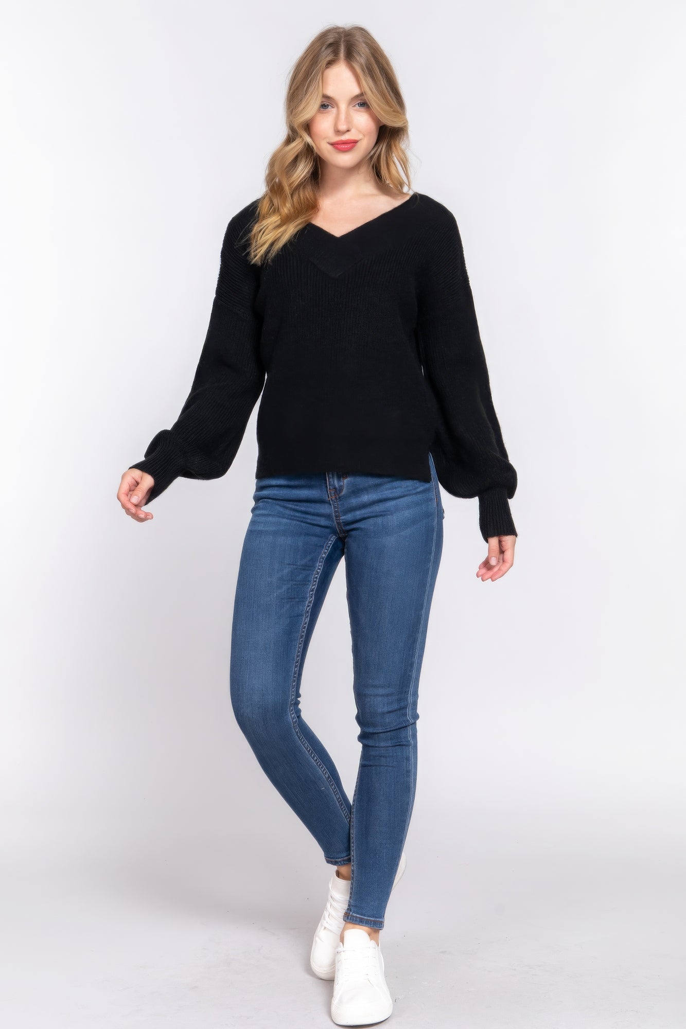 Long Slv Double V-Neck Sweater