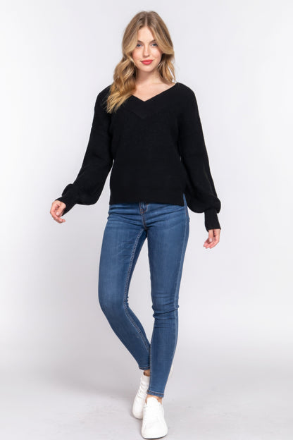 Long Slv Double V-Neck Sweater