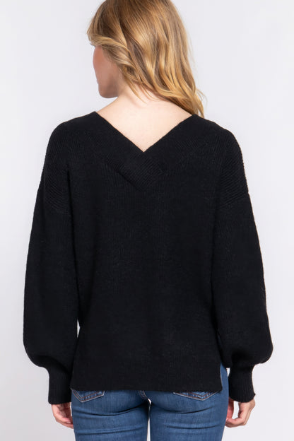 Long Slv Double V-Neck Sweater