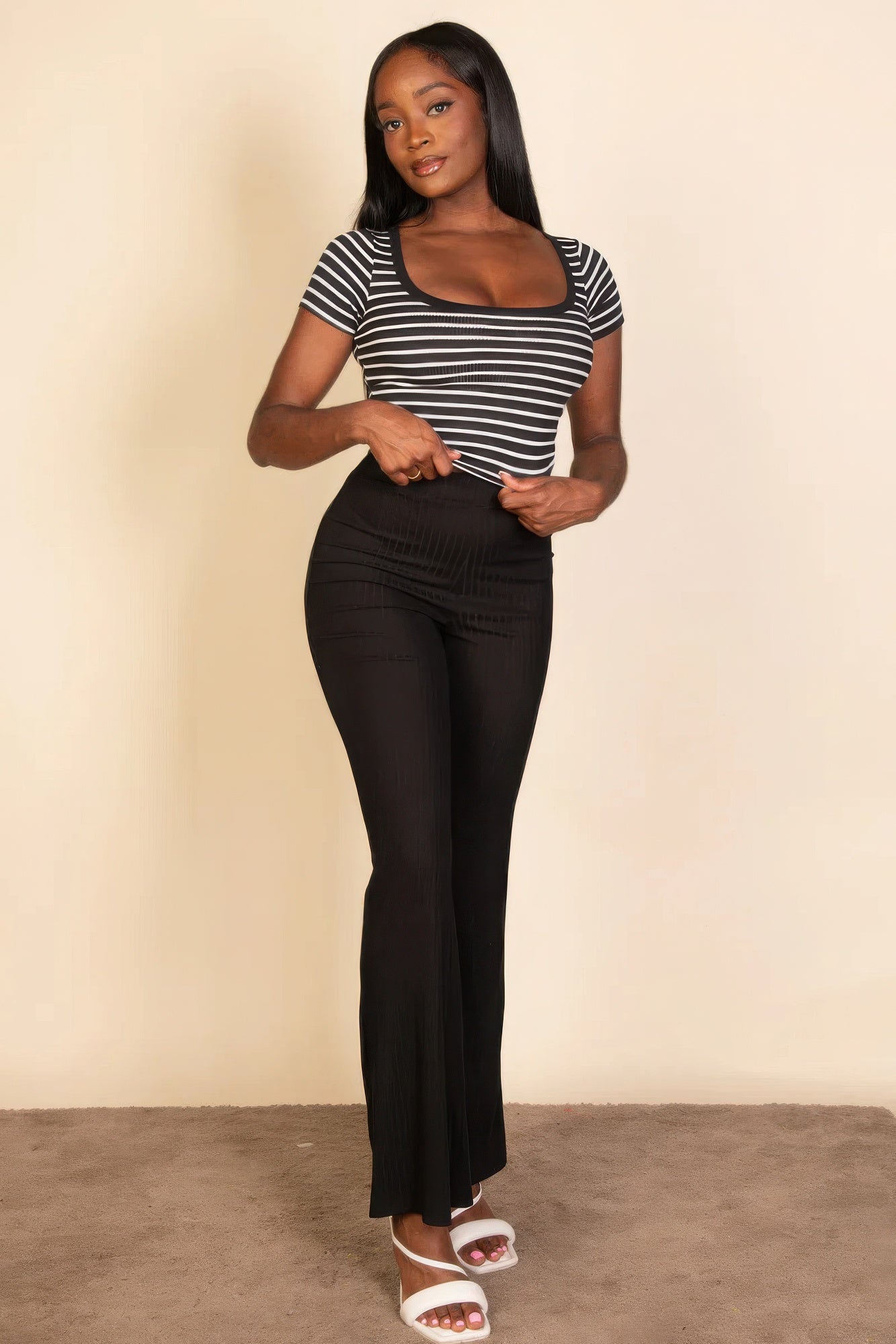 Ribbed Striped Square Neck Short Sleeve Shirt