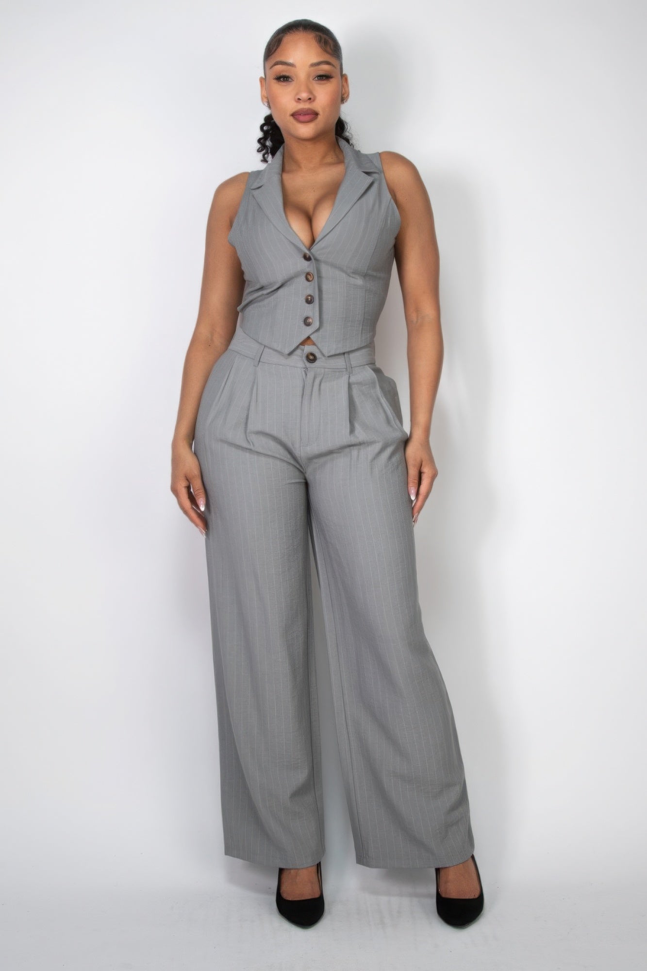 High-Rise Grey Pinstripe Wide Leg Pants