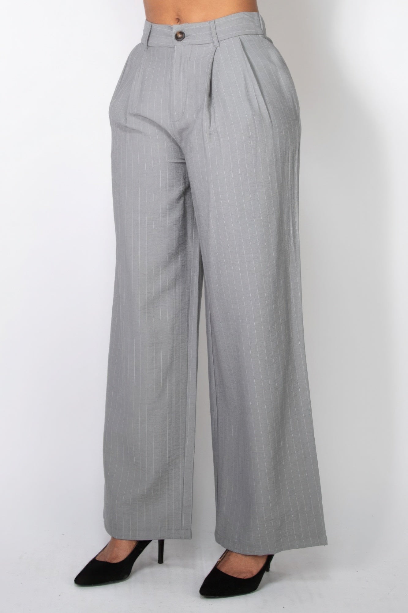 High-Rise Grey Pinstripe Wide Leg Pants