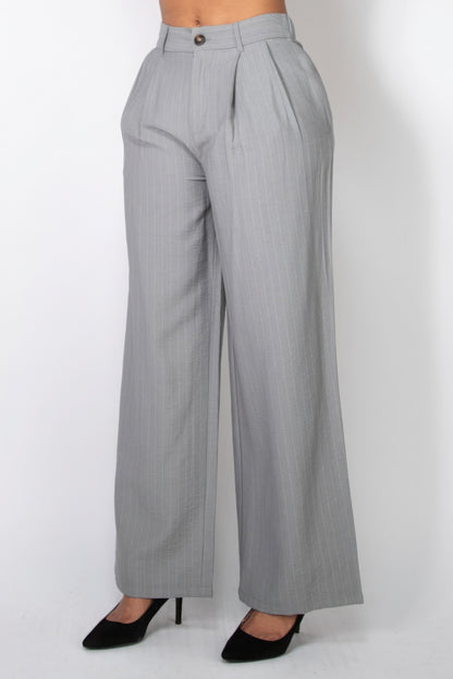High-Rise Grey Pinstripe Wide Leg Pants