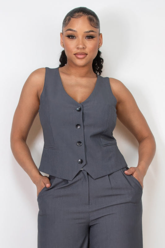 Buttoned Solid V-Neck Vest Top