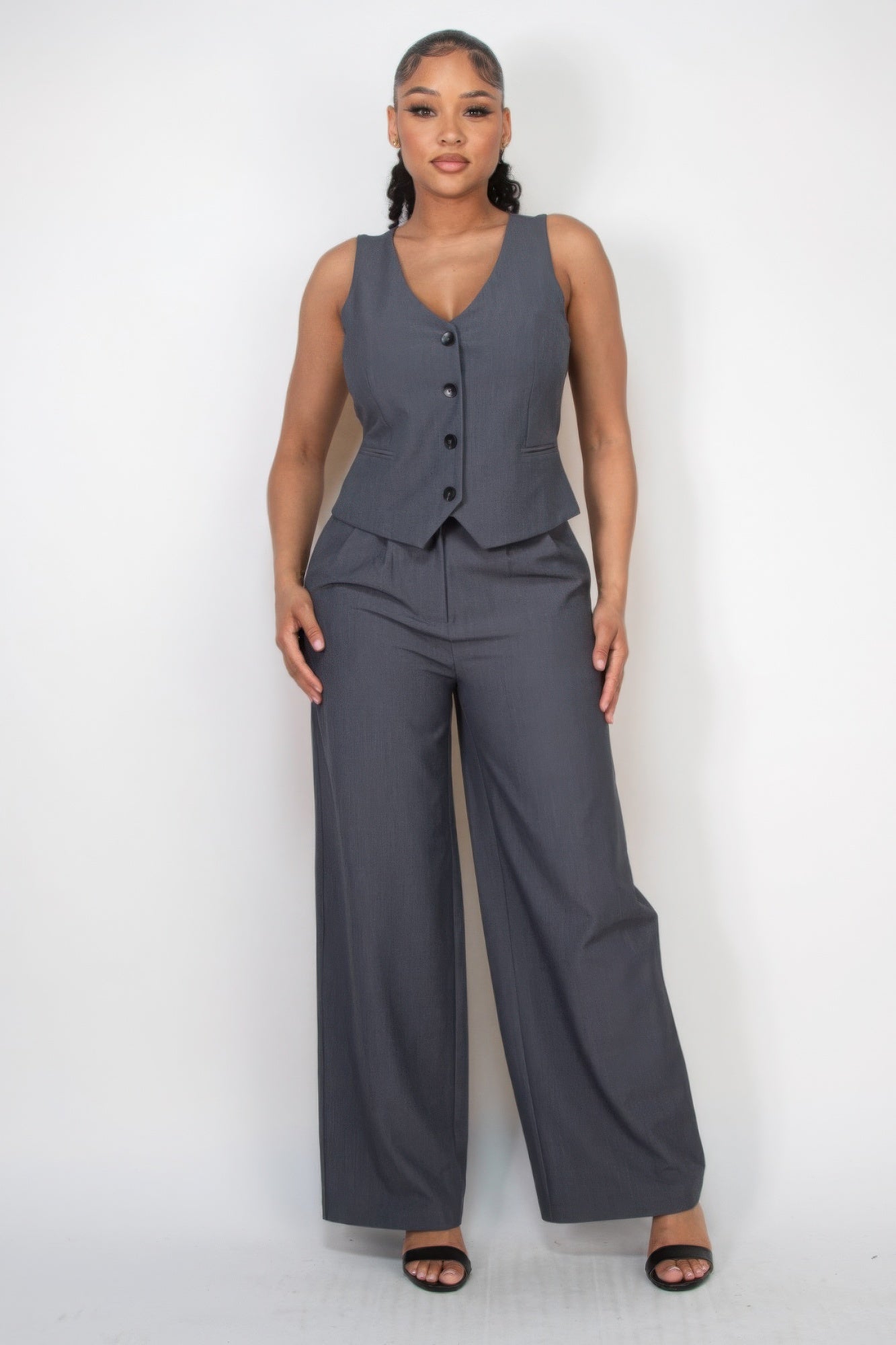 Buttoned Solid V-Neck Vest Top