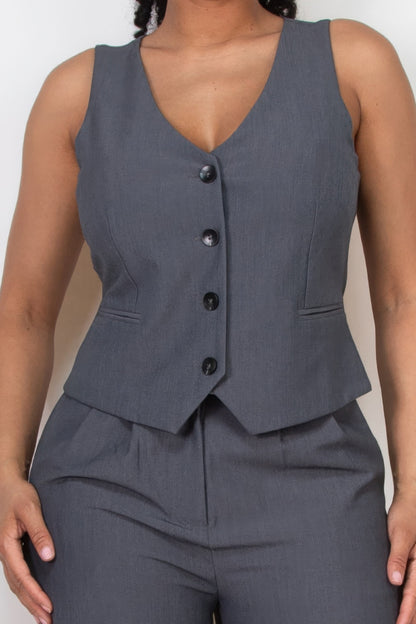 Buttoned Solid V-Neck Vest Top