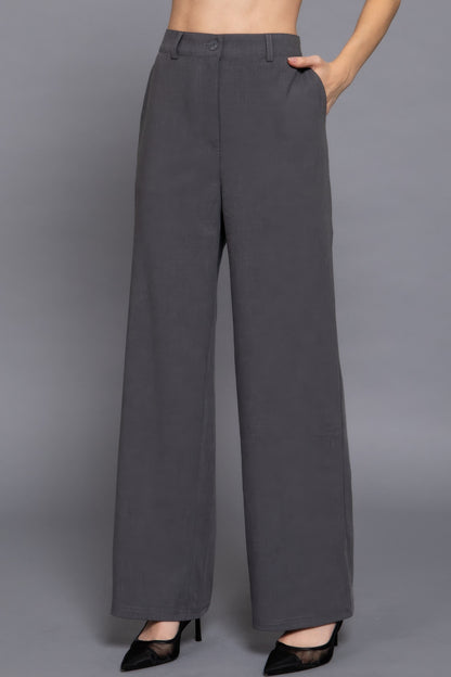 Grey Elastic Straight Woven Pants
