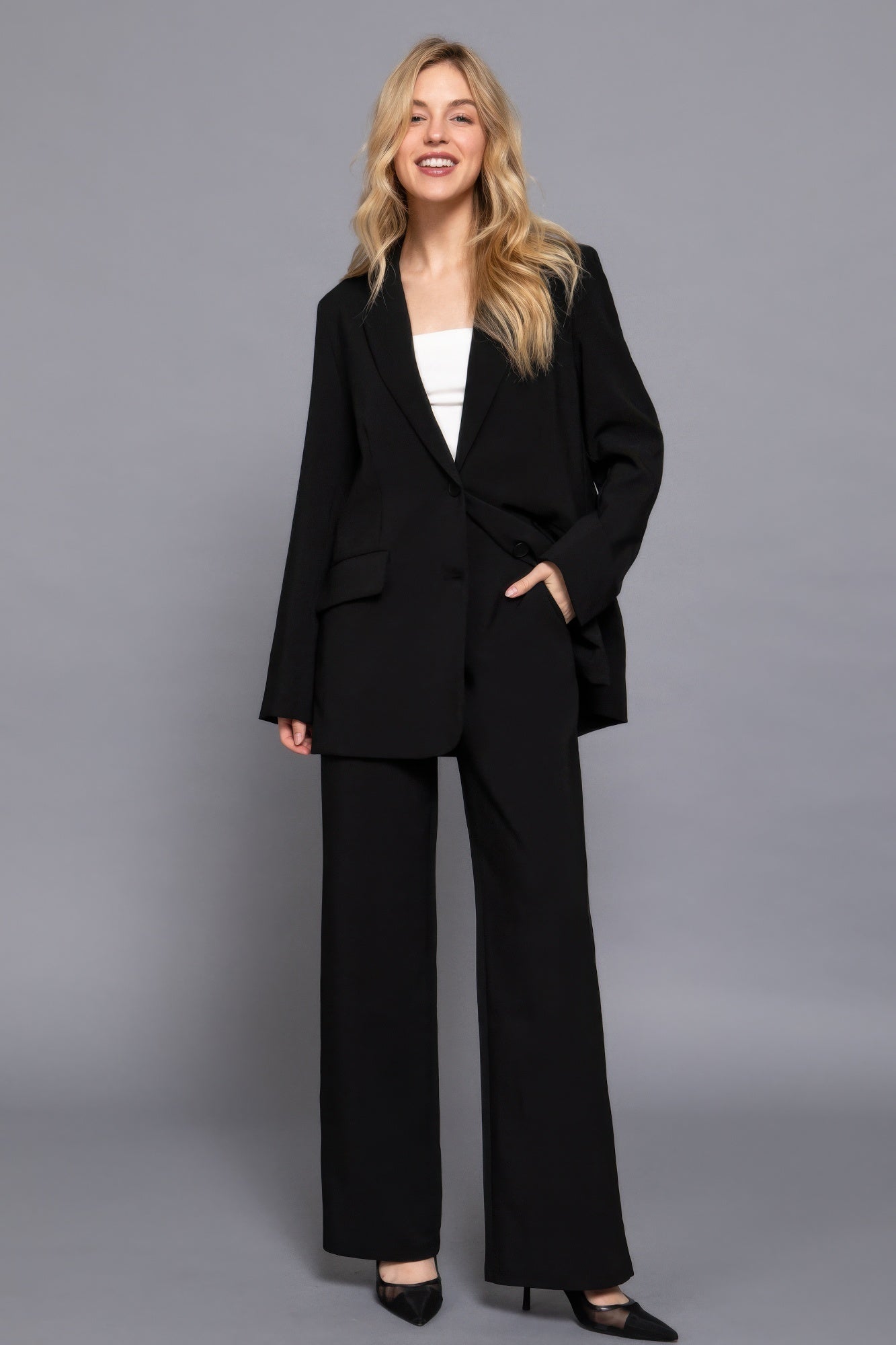 Black Elastic Straight Woven Pants