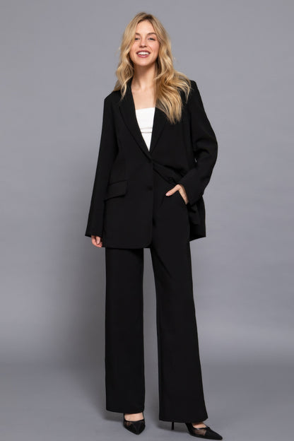 Black Elastic Straight Woven Pants