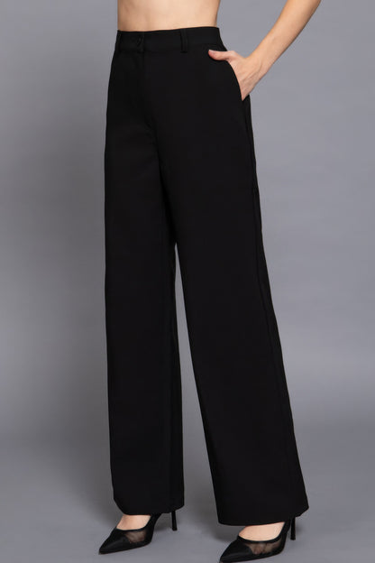 Black Elastic Straight Woven Pants